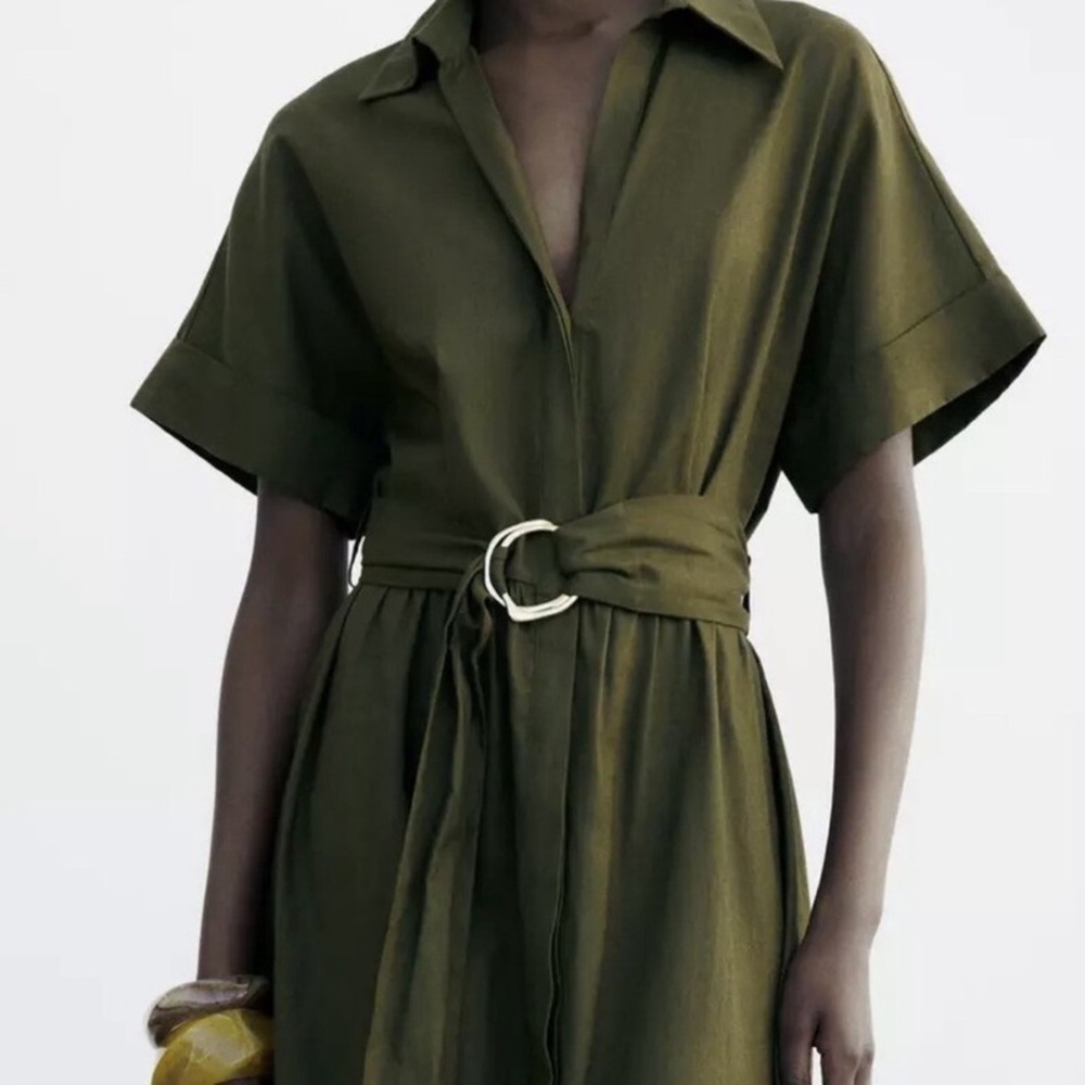 Zara‎ Linen Cotton Blend Green Midi Dress Medium
